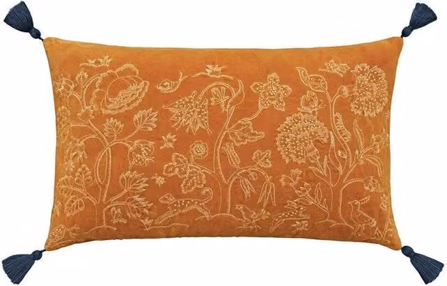 Morris & Co Floral Velvet Cushion in Bronze, Yellow and Orange, W: 50 cm, H: 30 cm