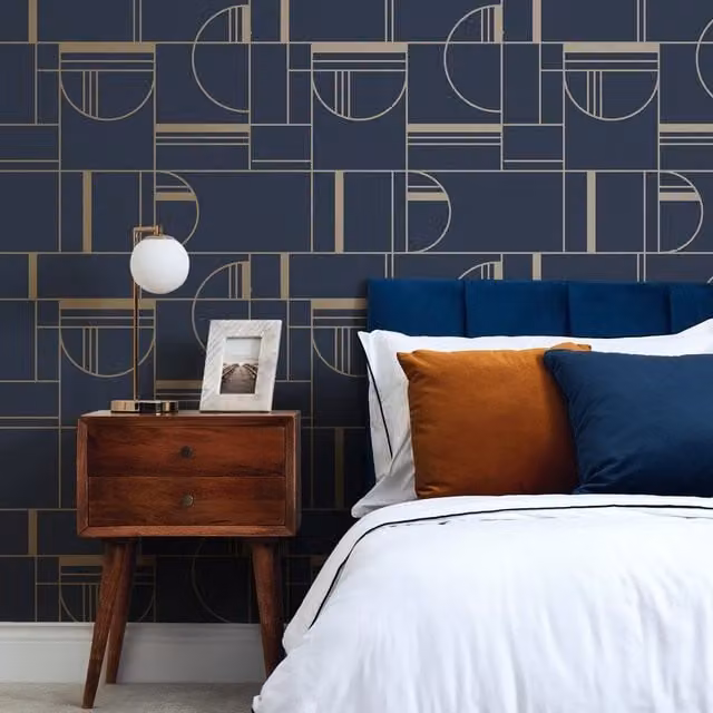 I Love Wallpaper Bauhaus Geometric Abstract Wallpaper in Blue and Gold, Width: 33 cm