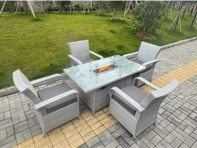 Fimous 5-Piece Light Grey PE Rattan Outdoor Dining Set with Gas Fire Pit Table and Cushions