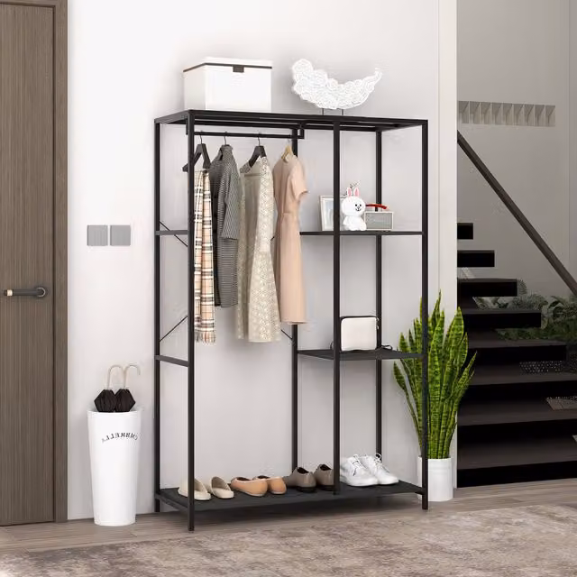 HOMCOM 2-in-1 Modern Black Metal Coat Rack with Clothes Rail and Shoe Storage