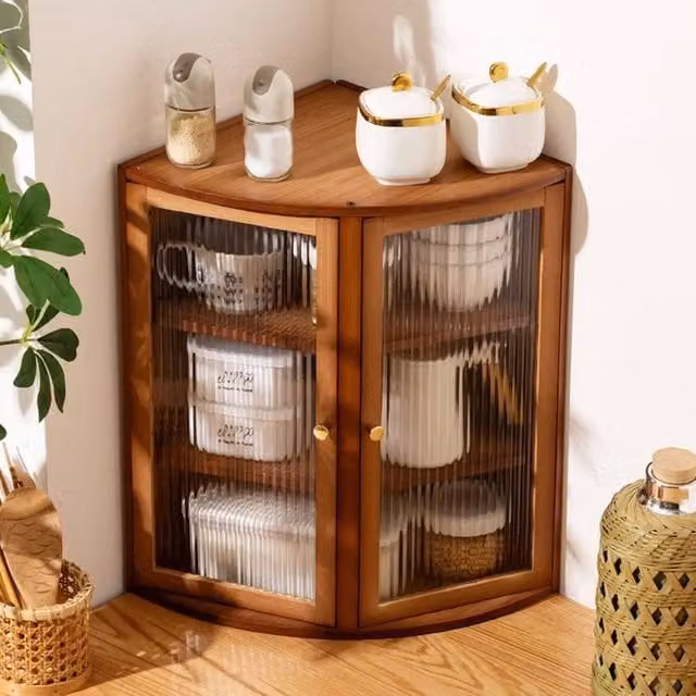 KORVIXA Modern Bamboo Corner Kitchen Cabinet in Brown with Acrylic Glass Doors