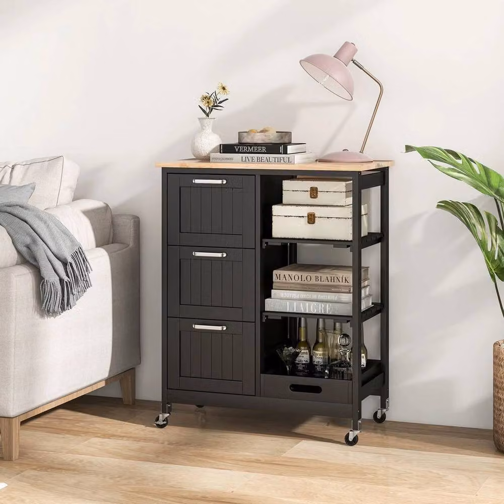 Kelvenix Black Rolling Kitchen Island Utility Cart with Wood Top – 4