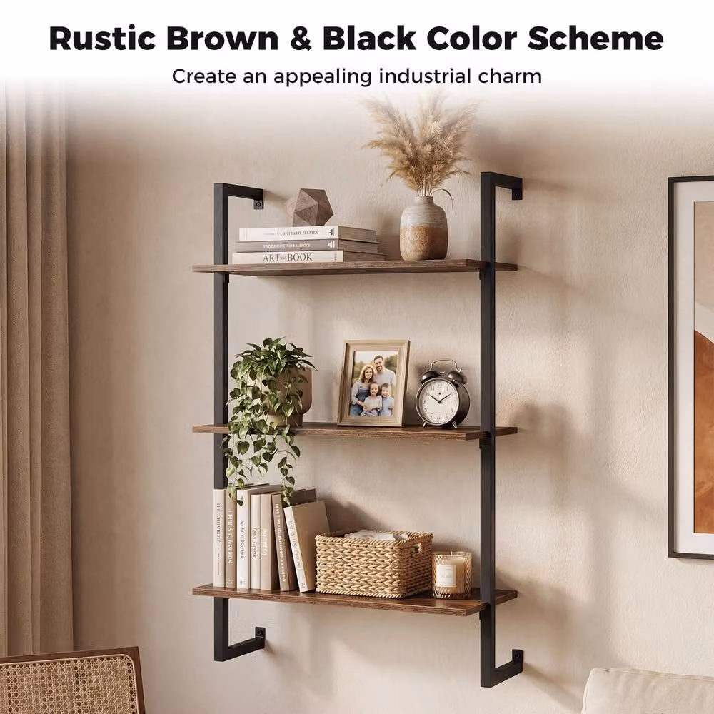 Gymax Industrial 3-Tier Wall Mounted Kitchen Shelf and Floating Display Rack in Brown – 4