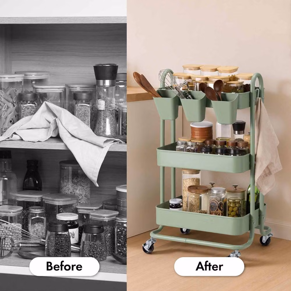 VonHaus 3 Tier Green Storage Trolley with Bamboo Shelves and Wheels, W: 36.0 cm, D: 46.0 cm, H: 79.5 cm – 2