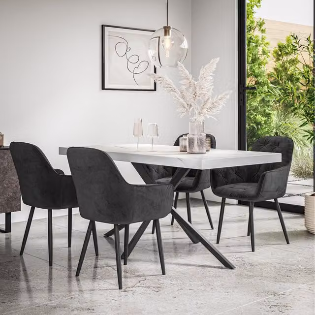 More4Homes Donni Dining Table and 6 Anika Velvet Chairs Set with Marble Effect Top in Black and White