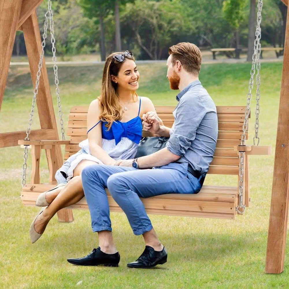 SPETLEK 2-Person Wooden Porch Hanging Swing Chair in Natural Brown with Armrests – 2