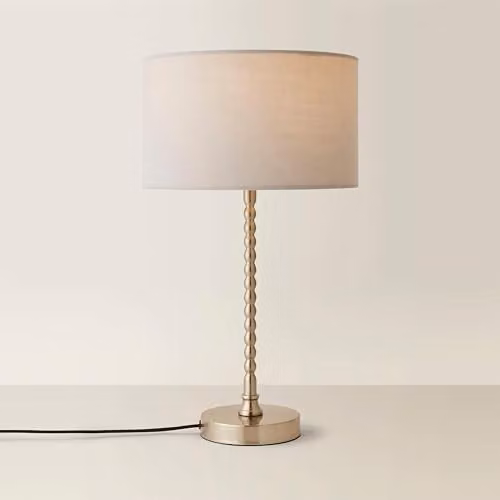 ValueLights Maeve Grey Fabric Drum Table Lamp with Brushed Chrome Bobbin Detail – 1