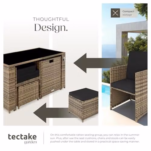tectake 5-Piece Poly Rattan Lounge Garden Furniture Set in Sand with Table, Armchairs, Ottoman and Upholstered Cushions – 4
