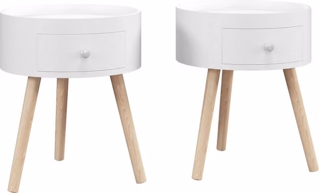 HOMCOM Set of 2 Modern Round Side Tables with Drawer and Wood Legs, White – 1
