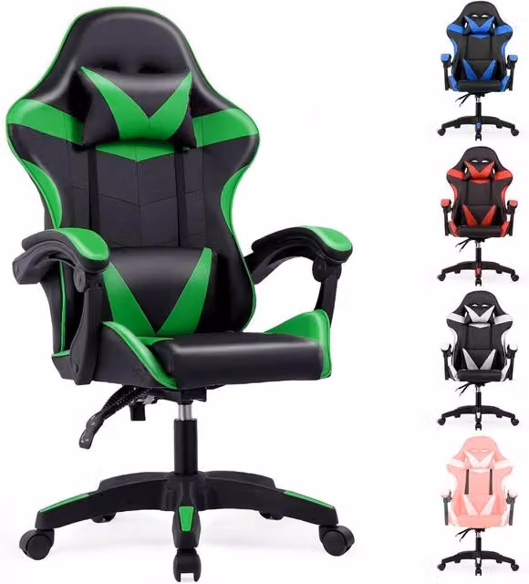 Lishetimig Ergonomic Green PU Leather Gaming Chair with Headrest and Armrests