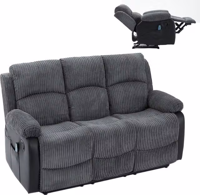 Furniture One Grey Corduroy 3 Piece Reclining Sofa Suite with Motorised Seats