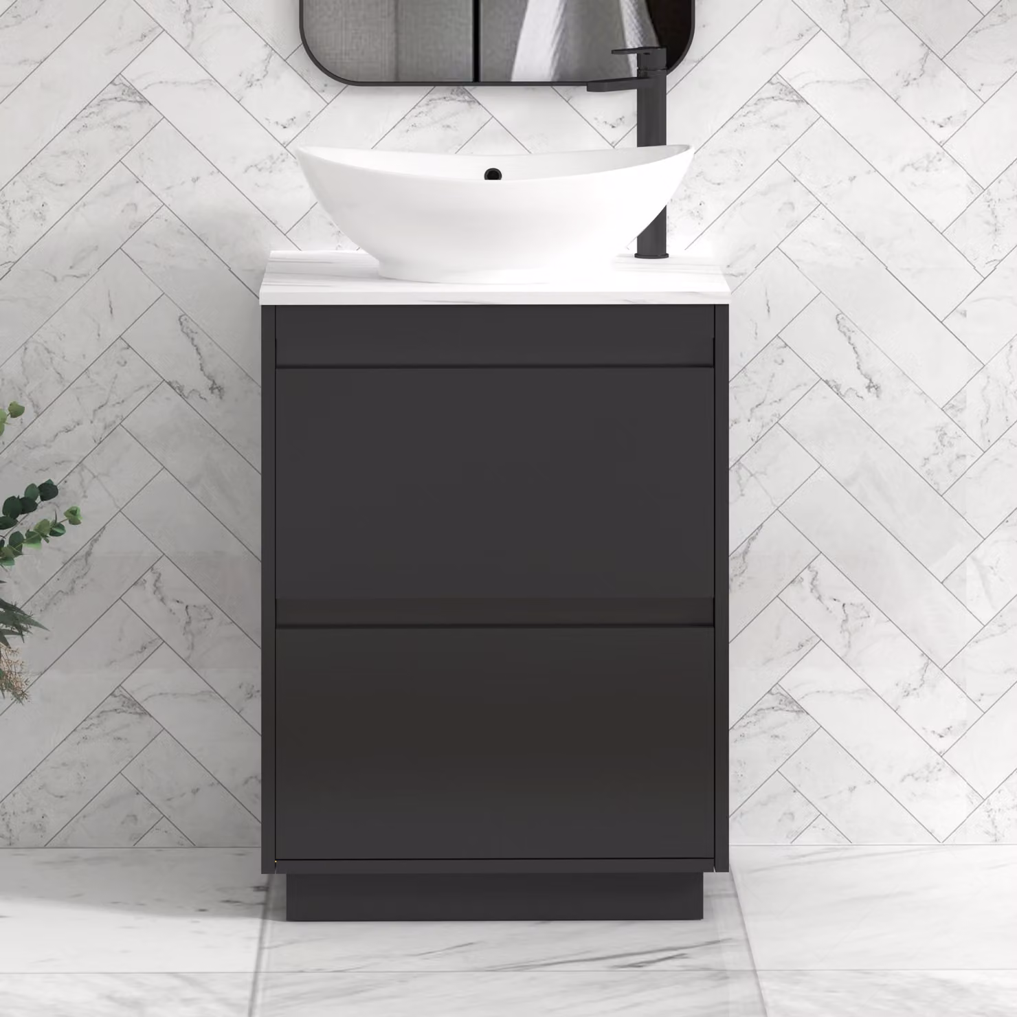 Royal Bathrooms Orion 600mm Matt Obsidian Black Floor Standing Countertop Vanity Unit with 2 Drawers, Amaze Basin and Black Accent Trim