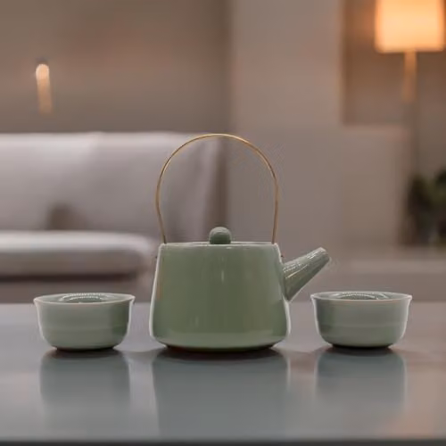KDMD Ceramic Herbal Jade Teapot Set with Pot and Two Cups in Green and Gold – 1