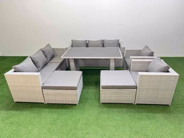 Fimous 10 Seater Outdoor Dining Set with 3 Seater Sofa and 2 Large Stools in Light Grey