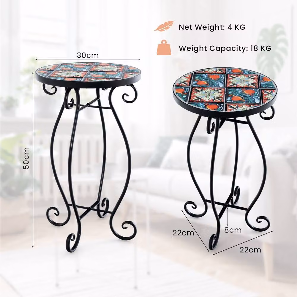 Costway Mosaic Round Outdoor Side Table with Multicolour Floral Ceramic Top and Metal Frame – 5