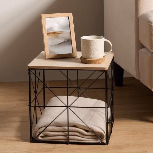 OHS Wired Basket Storage Square Side Table in Light Brown with Folding Wood Top, W/D/H: 38 x 38 x 38 cm