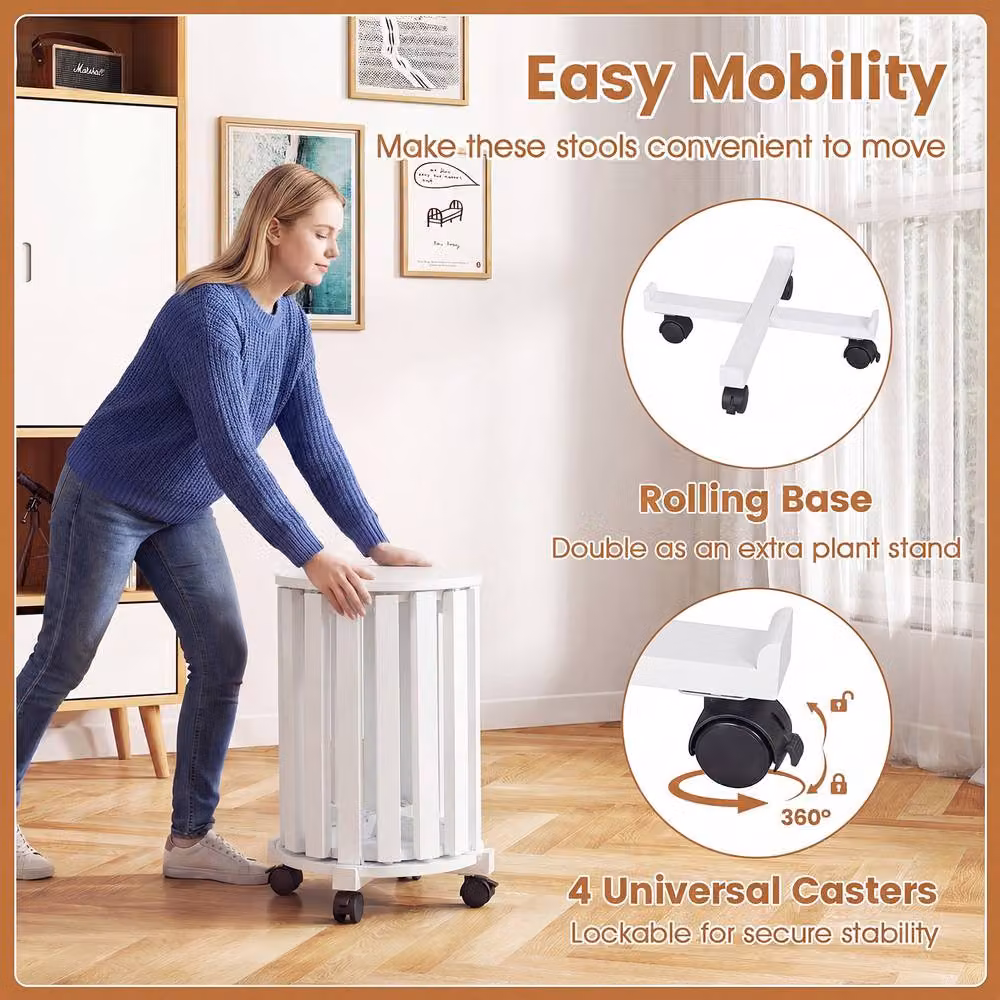 Costway Set of 4 Stackable Wooden Nesting Dining Stools with Rolling Base in White – 5
