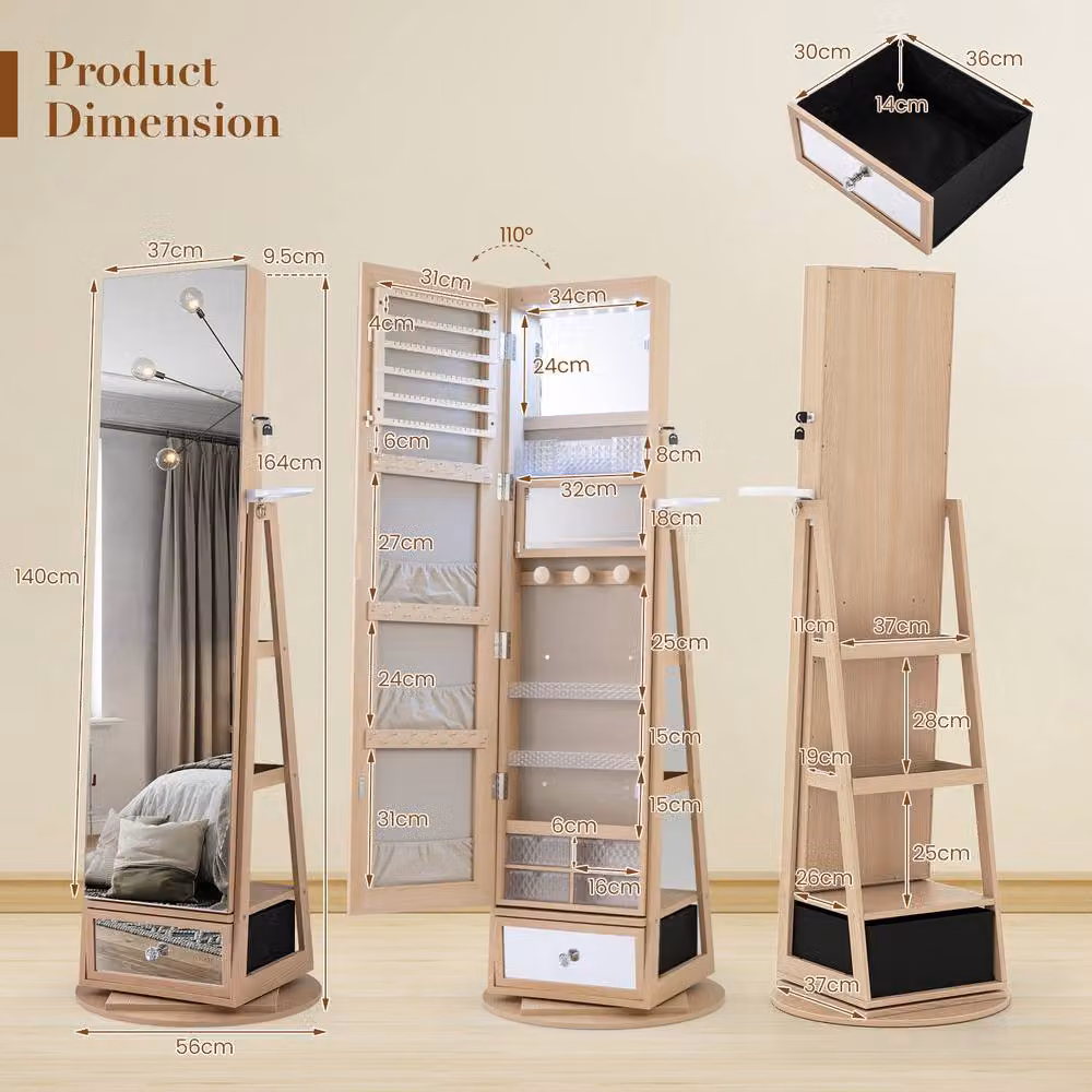 Costway 4 in 1 Swivel Lockable Jewelry Armoire in Natural Wood with LED Lighting and Mirror – 2