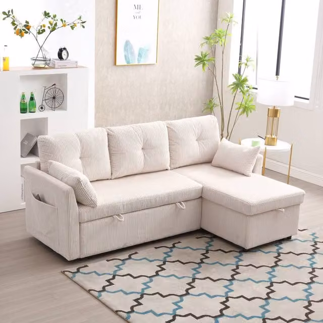 Direct Wicker Reversible L-Shape Sofa with Storage and Pull-Out Bed in Beige, W/D/H: 206 x 150 x 88 cm