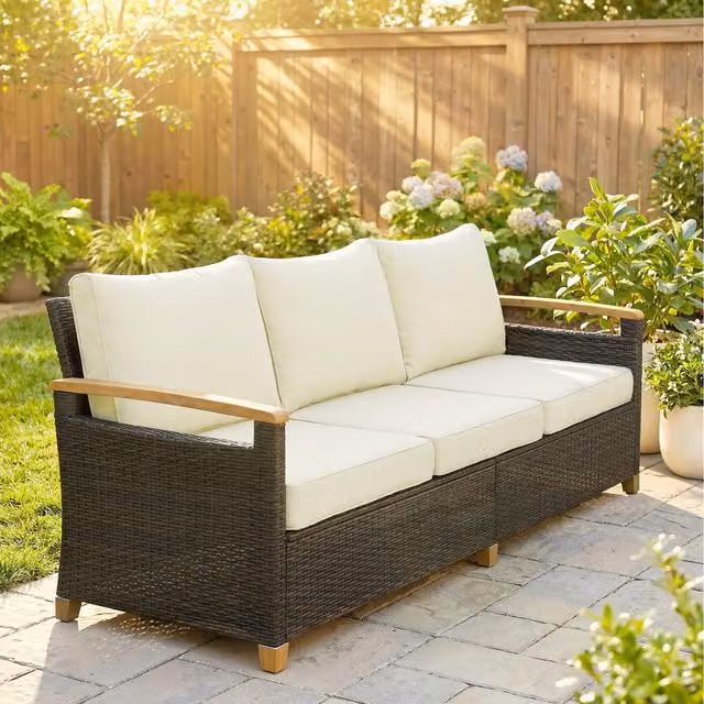 Outsunny Brown Rattan Garden Sofa with Upholstered Cushions and Powder Coated Steel Frame