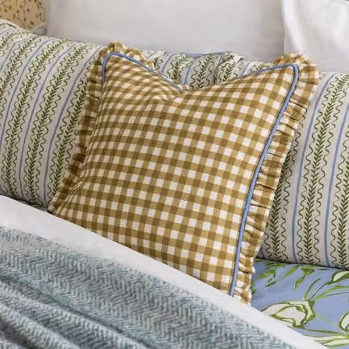 Riva Home Maude Gingham Cotton Piped Cushion, Gold, W/D/H: 45 x 45 x 45 cm