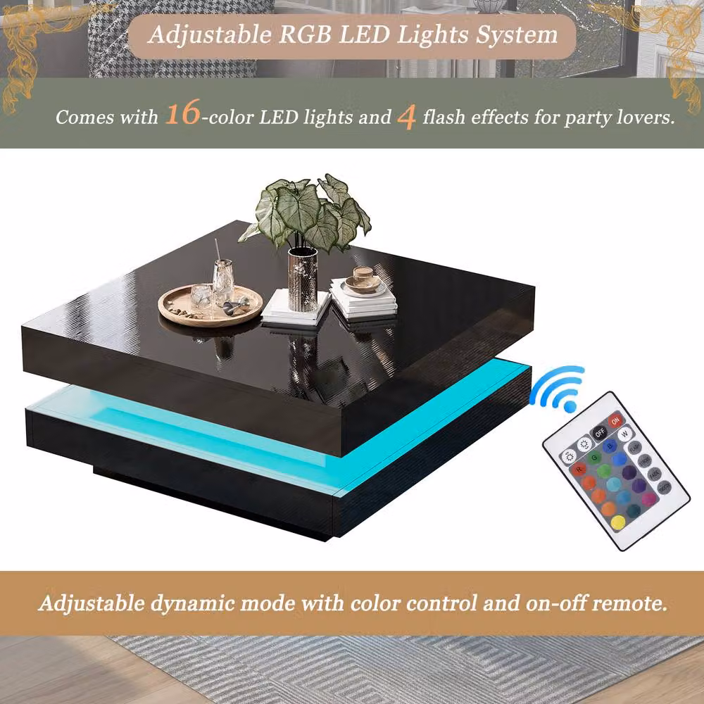 BTM Square LED Coffee Table with 360 Degree Rotating Top in Black, W/D/H: 70 x 70 x 36 cm – 6
