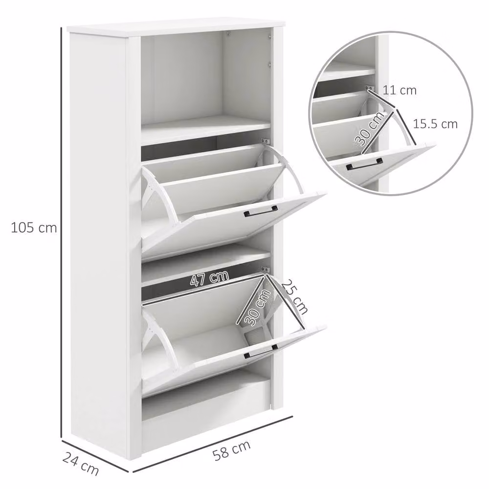 STILVORA Modern White Matt Shoe Cabinet with Tilting Compartments and Internal Shelves, H 105 x W 58 x D 24 cm – 2