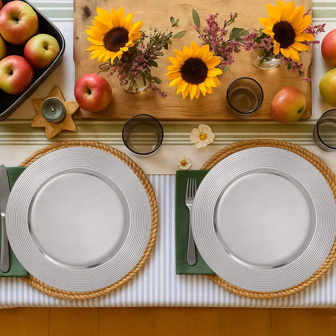 Orsina Set of Four Silver Charger Plates with Ribbed Rims, Diameter: 33 cm – 4