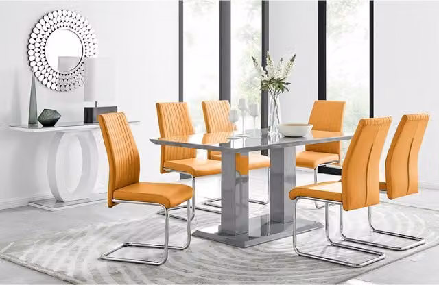 FurnitureboxUK Imperia Grey Rectangular Glass Dining Table and 6 Murano Mustard Yellow Chairs