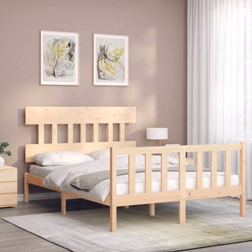 Berkfield Home Solid Wood Bed Frame with Headboard in Beige, W/D/H: 140 x 190 cm – 2