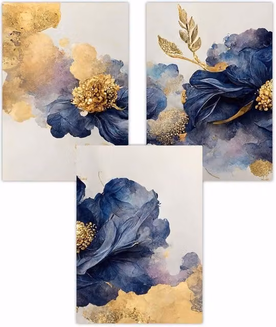 ARTZE Set of 3 Abstract Floral Paper Posters in Purple and Gold, W: 42 cm, H: 59 cm