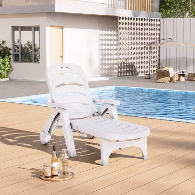Livingandhome White Plastic Foldable Outdoor Poolside Lounger Recliner with Adjustable Headrest and Castors