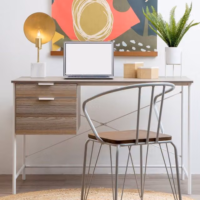 Premier Housewares Natural Oak Veneer Writing Desk with Drawers and White Metal Frame in Grey