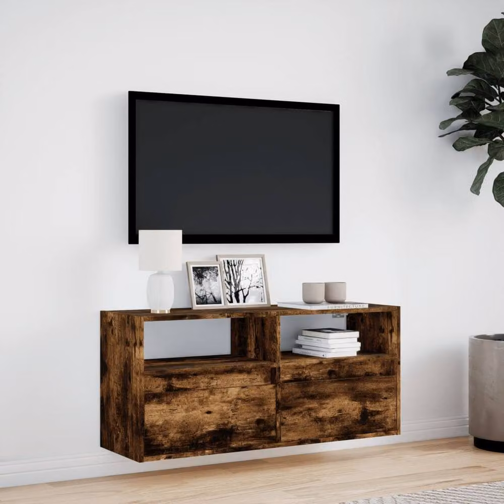Berkfield Home TV Wall Cabinet with LED Lights in Smoked Oak Brown, W: 100 cm, D: 31 cm, H: 45 cm – 3
