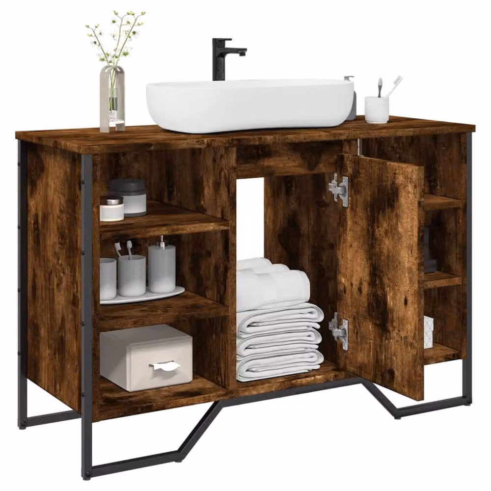 Berkfield Home Modern Freestanding Bathroom Sink Cabinet in Smoked Oak, W/D/H: 91 x 35 x 60 cm – 2