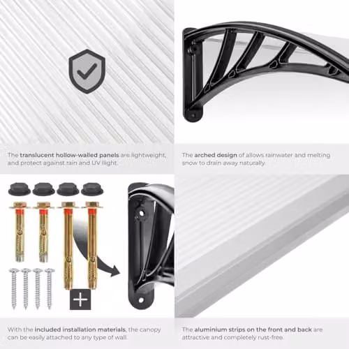 tectake Front Door Canopy with Translucent Polycarbonate Panels and Aluminium Frame, Black, W: 120 cm, H: 93 cm – 5