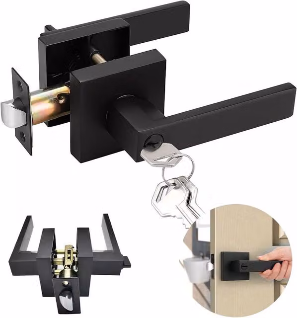 Kelvenix Black Aluminium Alloy Internal Door Latch and Lever Handle Set with Keys for Bathroom or Bedroom Doors