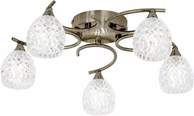 Loops Semi Flush Ceiling Light in Brass with Transparent Textured Glass, 5 Bulb Modern Pendant Shade – 1