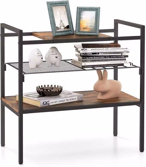 Costway 3-Tier Industrial Entryway Table with Removable Panel and Mesh Shelf in Brown