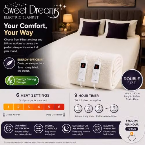 Sweet Dreams White Double Size Fleece Electric Heated Mattress Cover with Overheat Protection and Timer, W/D/H: 140 x 200 cm – 5