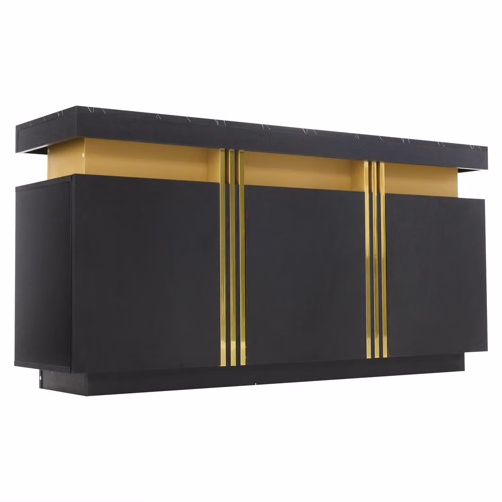 Merax Modern 3-Door Luxury Buffet Cabinet with Marble Effect Top in Black and Gold – 5