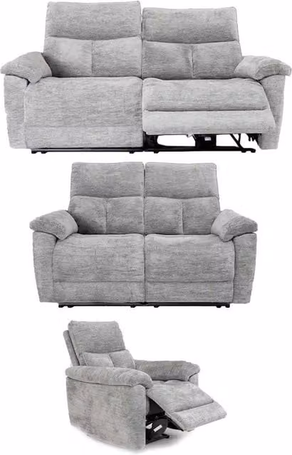 Furnishings For Less UK Kent Electric Reclining 3 Piece Fabric Sofa Suite in Grey with USB Charging
