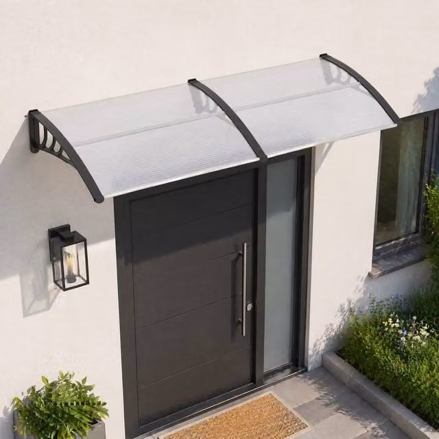 STILVORA Curved Door Canopy, 195 cm, Transparent Polycarbonate and Aluminium – 1