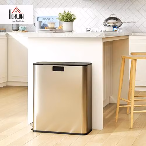 HOMCOM Dual Kitchen Pedal Bin with Soft-Close Butterfly Lid and Removable Inner Buckets, Silver Tone, 30L – 2