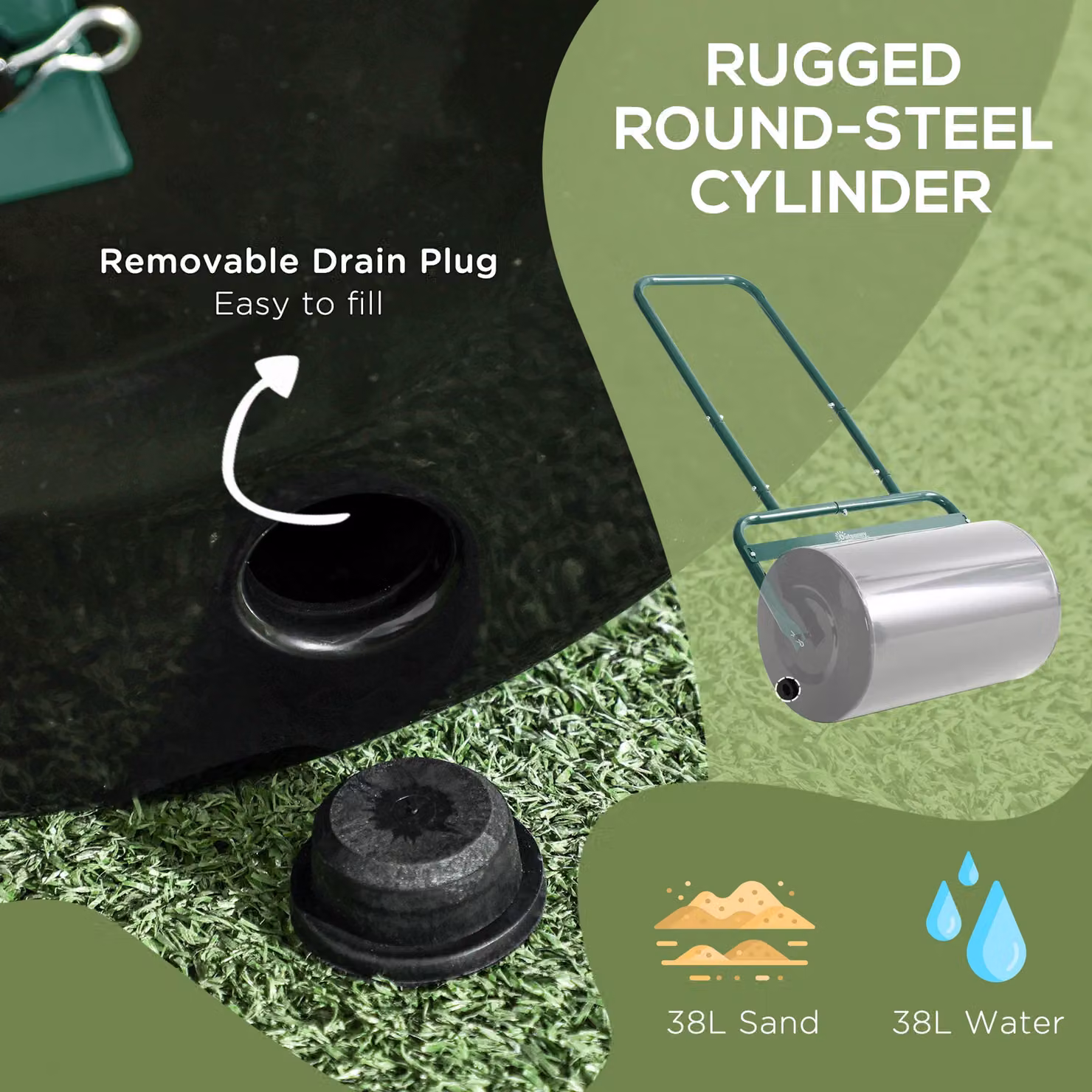 Outsunny Manual Garden Lawn Roller Aerator in Dark Green, holds 62kg of Sand or 38L of Water – 9