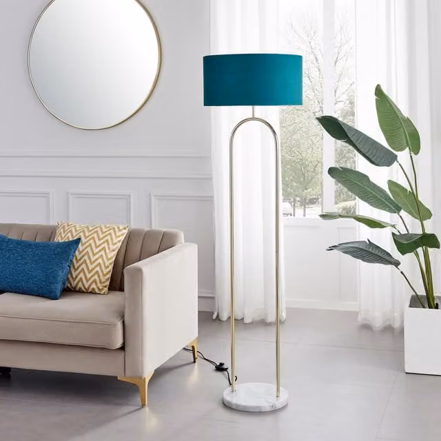 FurnitureboxUK Danielle Art Deco Floor Lamp with Teal Velvet Shade, Brass Plate and Gold Marble Base, H 157 cm x W 45 cm x D 45 cm