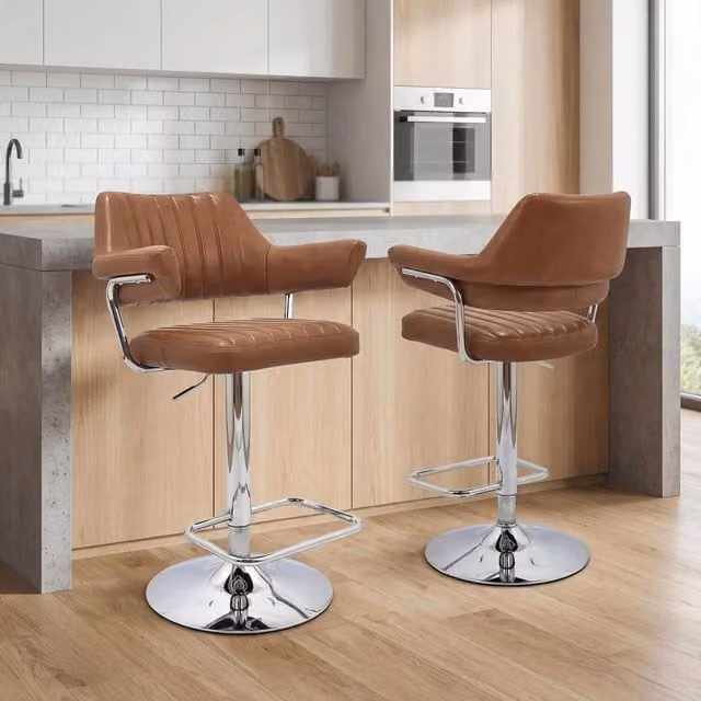Shankar Pair of Brown Synthetic Leather Effect Swivel Bar Stools with Metal Frame