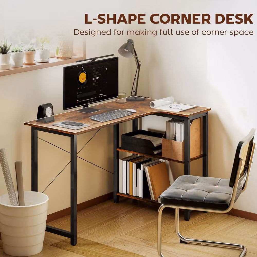 STILVORA L Shaped Corner Desk with Shelves in Rustic Dark Brown – 5