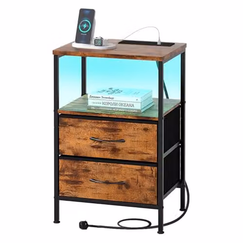 Levede Industrial Bedside Table in Brown with LED Lights, Charging Station, and 2 Fabric Storage Drawers, W/D/H: 30 x 40 x 60 cm