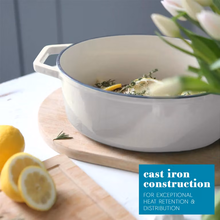 Argon Tableware 2pc Enamel Cast Iron Casserole Dish Set with Self-Basting Lids, 2.3 l and 4.68 l, Off-White